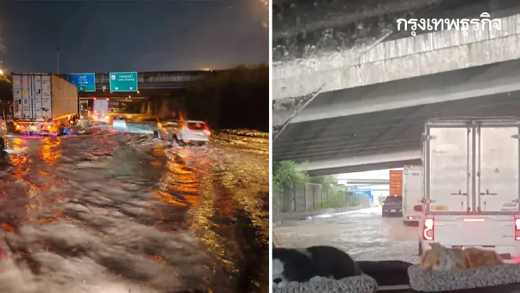 ชลบุรีอ่วม ฝนถล่มมืดฟ้ามัวดิน น้ำท่วมถนน ทล.331 มาบเอียง-แหลมฉบัง