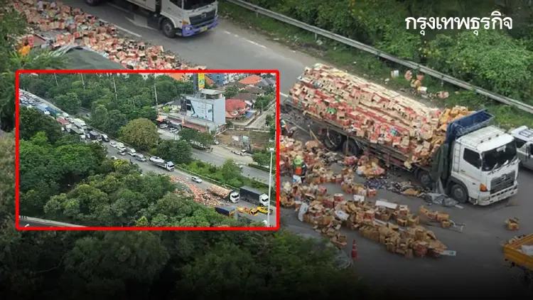 รถติดยาววันศุกร์ รถบรรทุกขวดเบียร์ดัง เทกระจาด ล้นถนนกาญจนาฯ บางแค