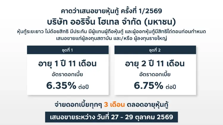 ออริจิ้น โฮเทล จ่อขายหุ้นกู้ครั้งที่ 1/2569 ชูดอกเบี้ย 6.35 – 6.75% ต่อปี