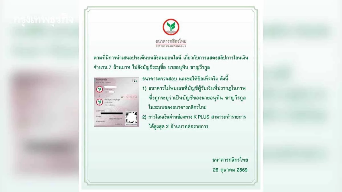 กสิกรไทย แจงปมสลิปโอน 7 ล้านเข้าบัญชี ‘อนุทิน’ ไม่พบเลขบัญชีในระบบ