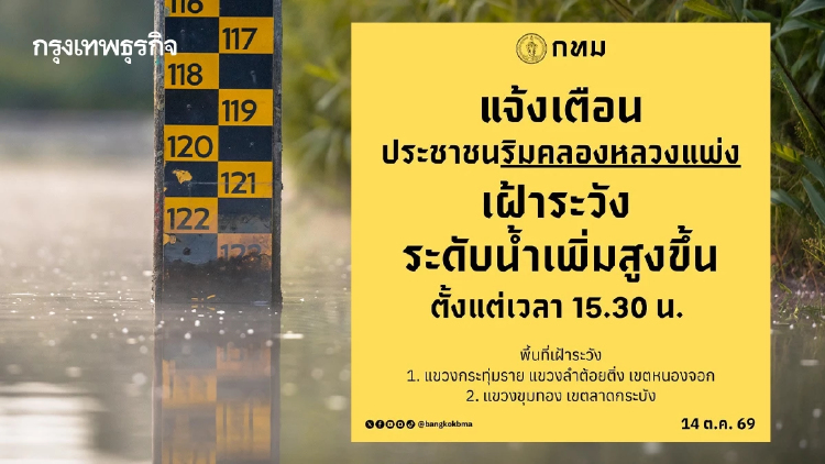 กทม. เตือน หนองจอก-ลาดกระบัง ระวังน้ำ 'คลองหลวงแพ่ง' สูงขึ้น