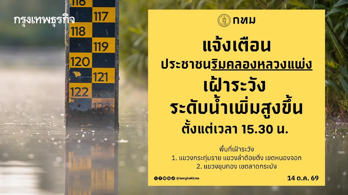 กทม. เตือน หนองจอก-ลาดกระบัง ระวังน้ำ 'คลองหลวงแพ่ง' สูงขึ้น